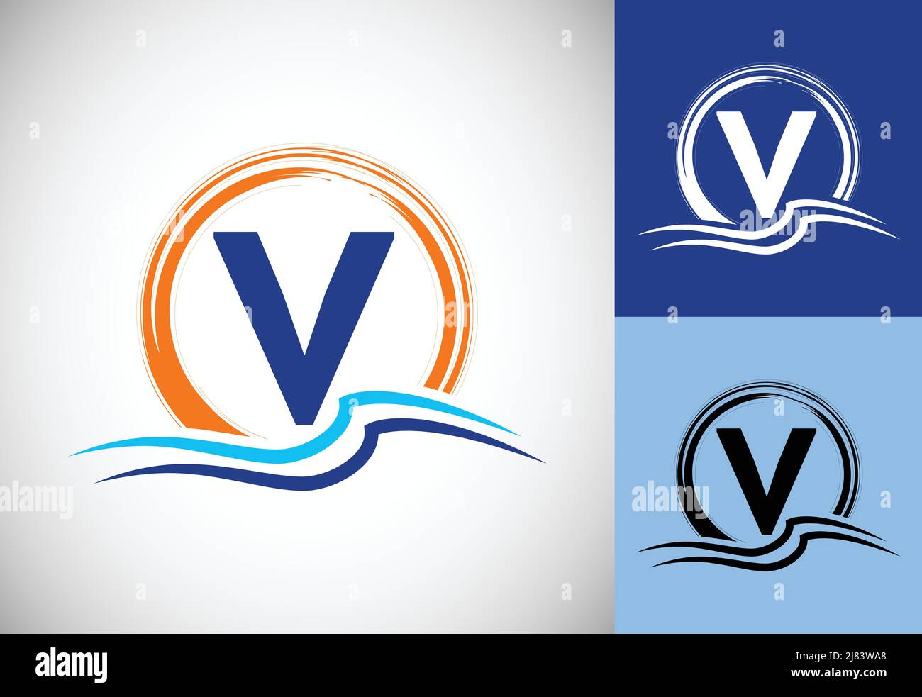 Initial V monogram letter with water ocean waves and the sun. Beach ...