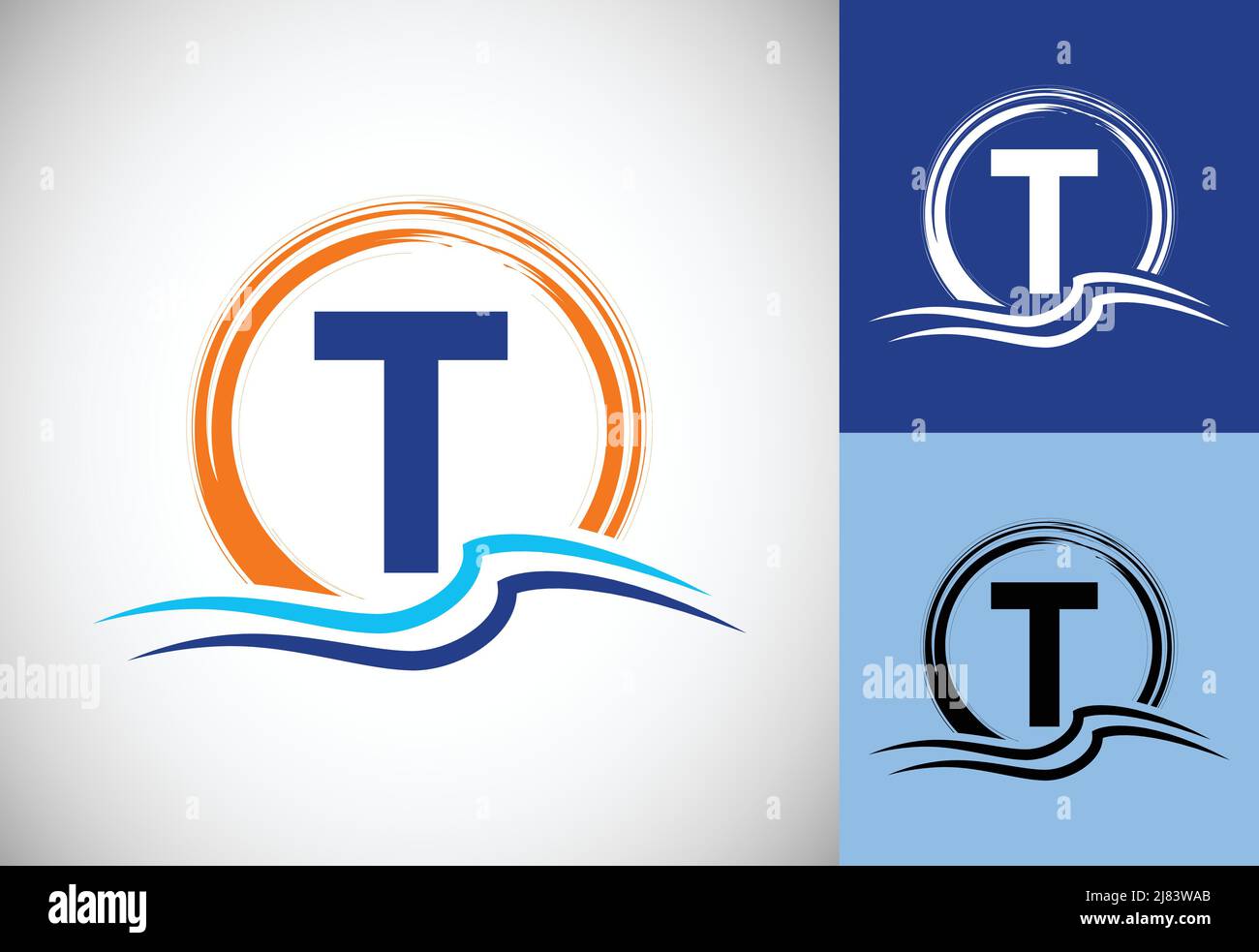 Initial T monogram letter with water ocean waves and the sun. Beach ...