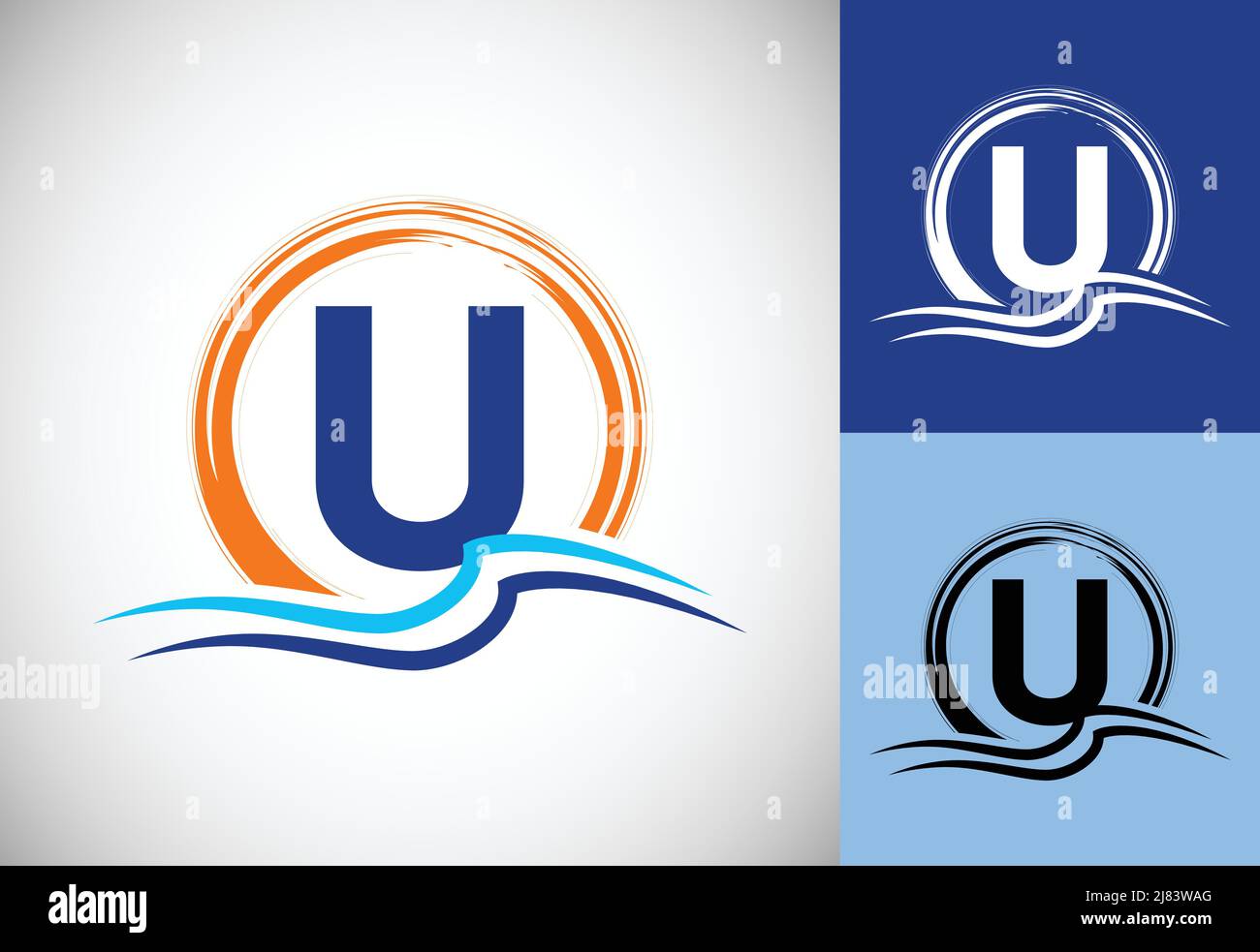 Initial U monogram letter with water ocean waves and the sun. Beach ...