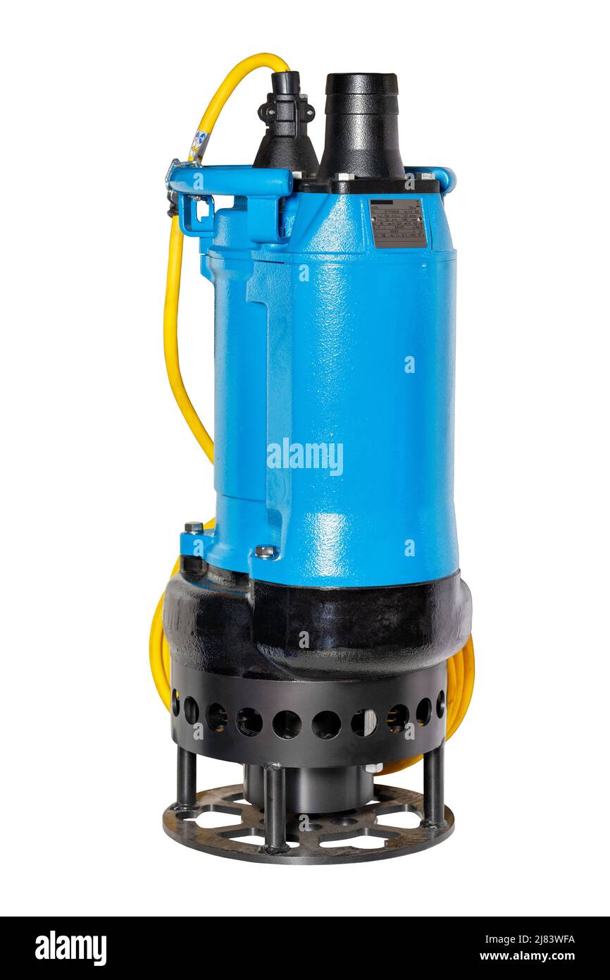 Powerful blue submersible pump for pumping wastewater with various fractions. The image is isolated on a white background. Stock Photo