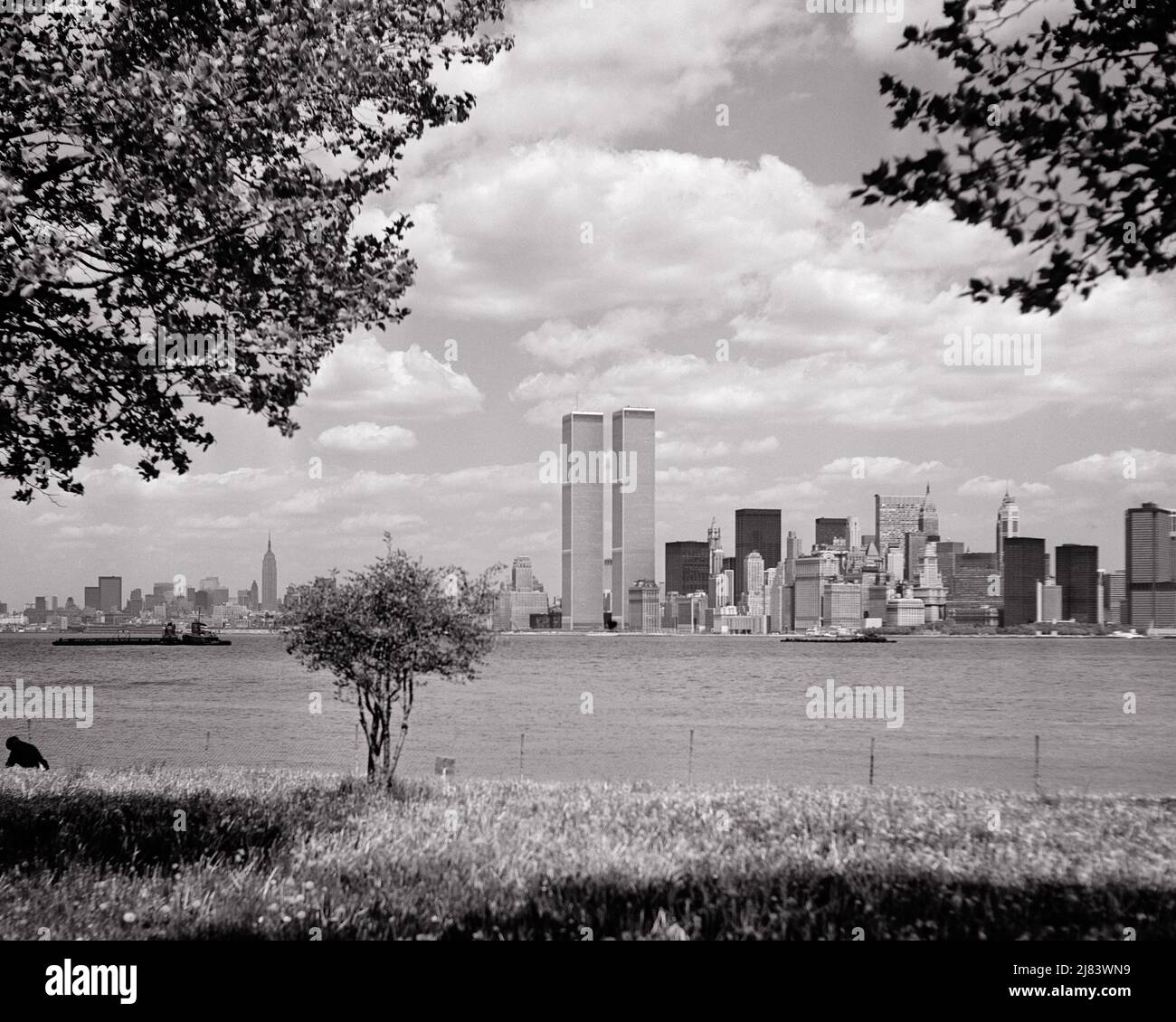 1970s MANHATTAN SKYLINE FROM LIBERTY ISLAND VIEW DOWNTOWN WORLD TRADE 1970s MANHATTAN SKYLINE FROM LIBERTY ISLAND VIEW DOWNTOWN WORLD TRADE