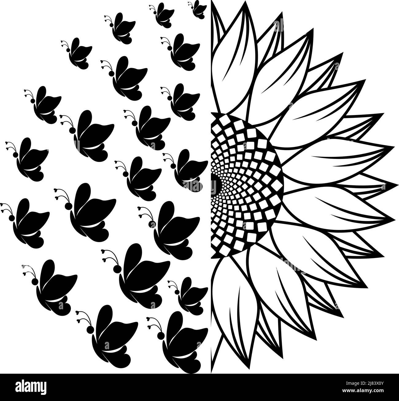 Side view of multiple butterfly silhouettes and half sunflower outline