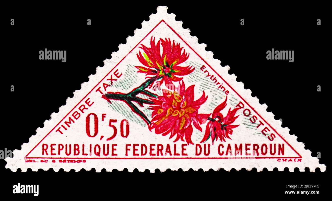MOSCOW, RUSSIA - APRIL 10, 2022: Postage stamp printed in Cameroon shows Erythrina sp., Flowers serie, circa 1963 Stock Photo