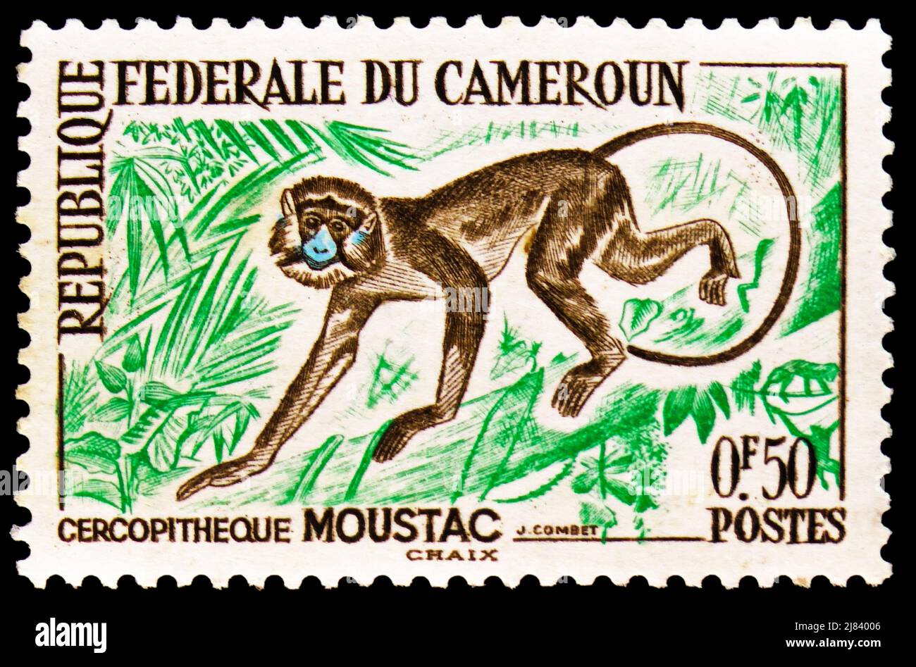 MOSCOW, RUSSIA - APRIL 10, 2022: Postage stamp printed in Cameroon shows Moustached Guenon (Cercopithecus cephus), Fauna serie, circa 1962 Stock Photo