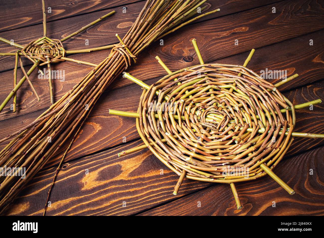 background Start of knitting basket with willow Stock Photo Alamy