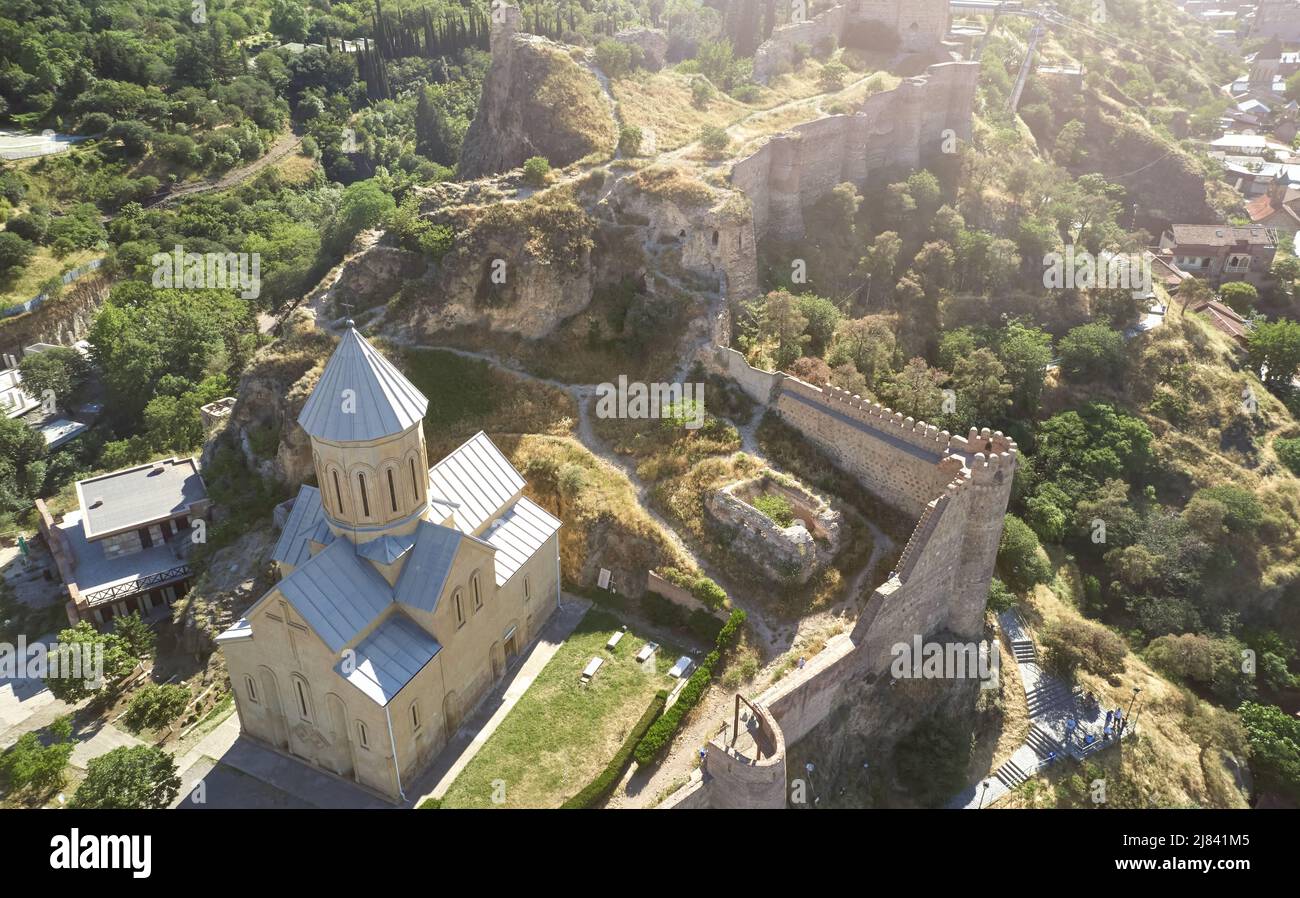 Church with fort wall aerial above top view in Tbilisi Georgia Stock Photo