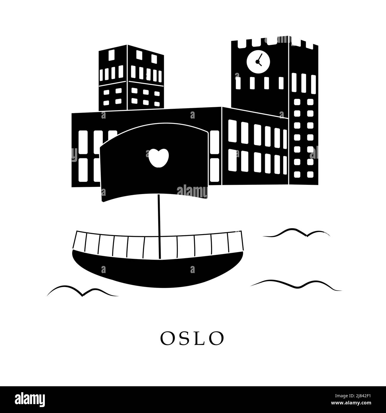 European capitals, Oslo. Black and white illustration Stock Vector