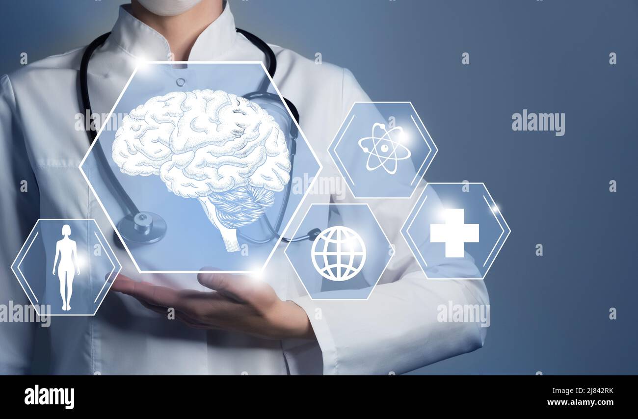 Telemedicine and human Brain recovery concept. Blue color palette, copy