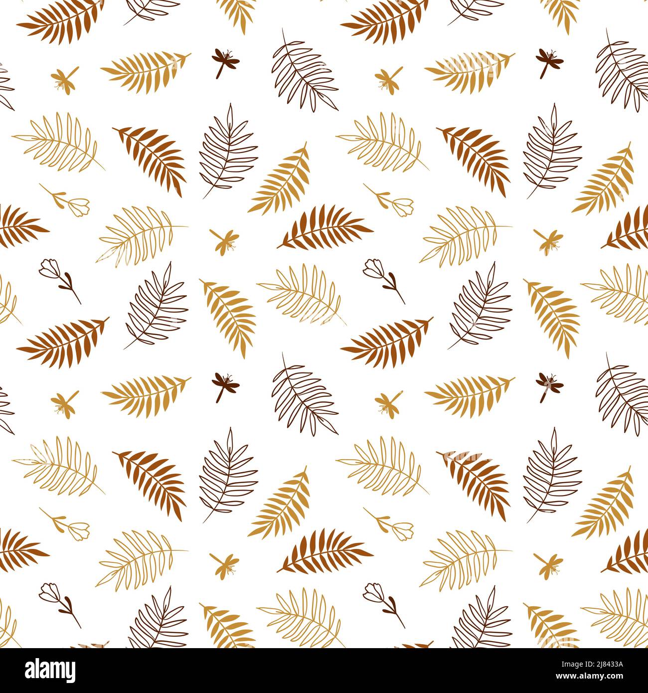 Boho seamless background with leaves and dragonfly. Vector pattern Stock Vector