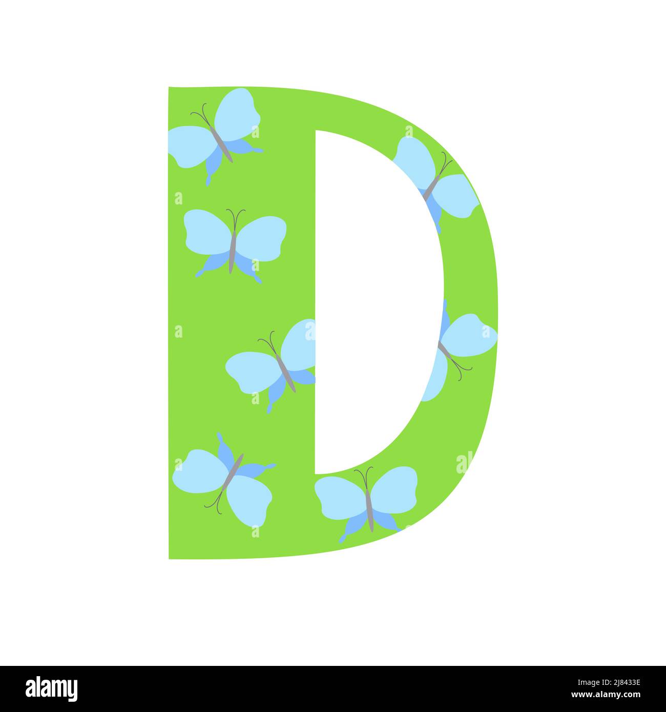 Capital bright green decorated with spring flowers hand drawn letter D of English alphabet simple cartoon style vector illustration, calligraphic abc, cute funny handwriting, doodle and lettering Stock Vector
