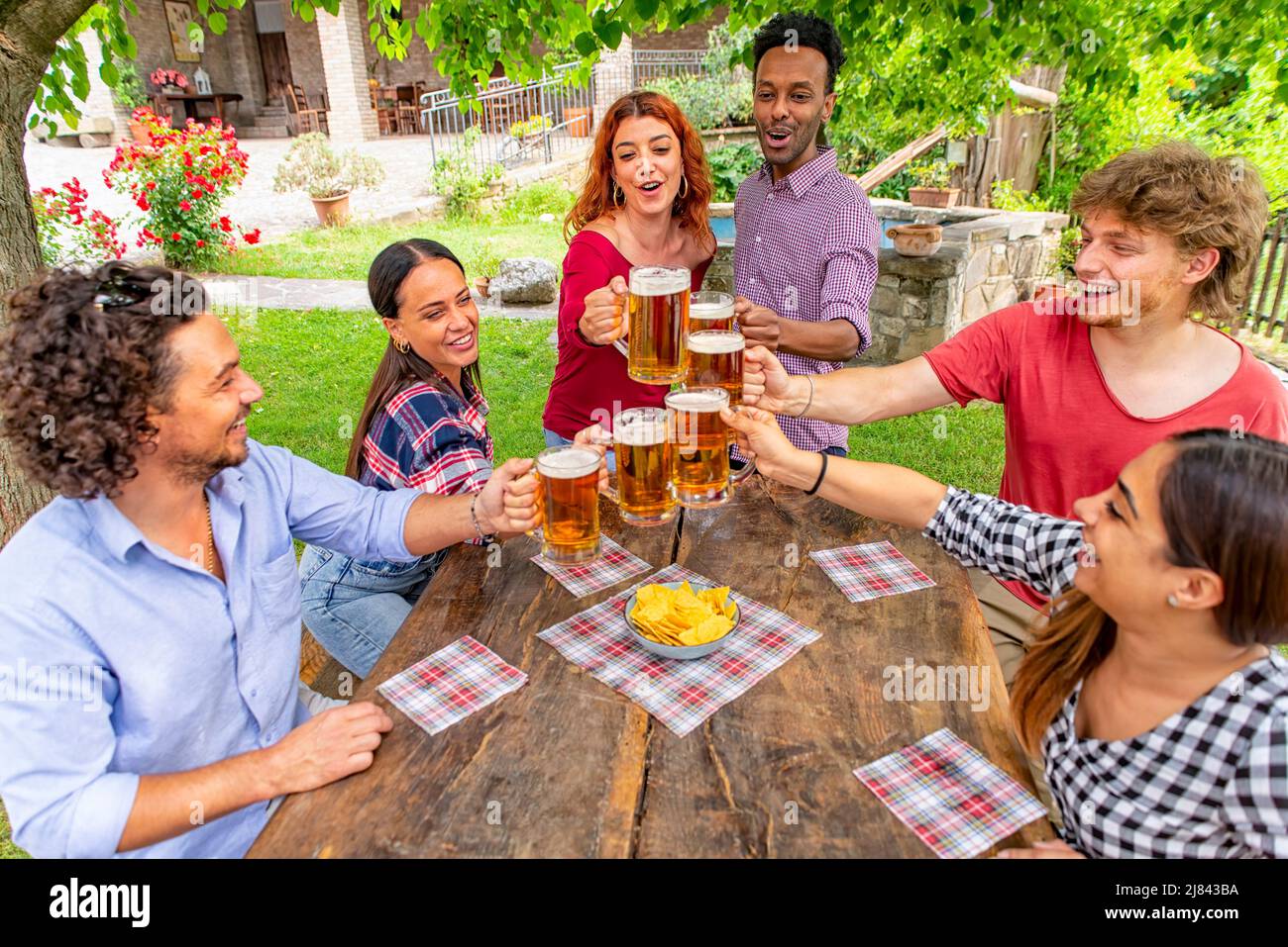 happy multiratial group of friends making a celebratory toast with beers on a picnic table outdoors in the garden. people gathering in a summer happy Stock Photo