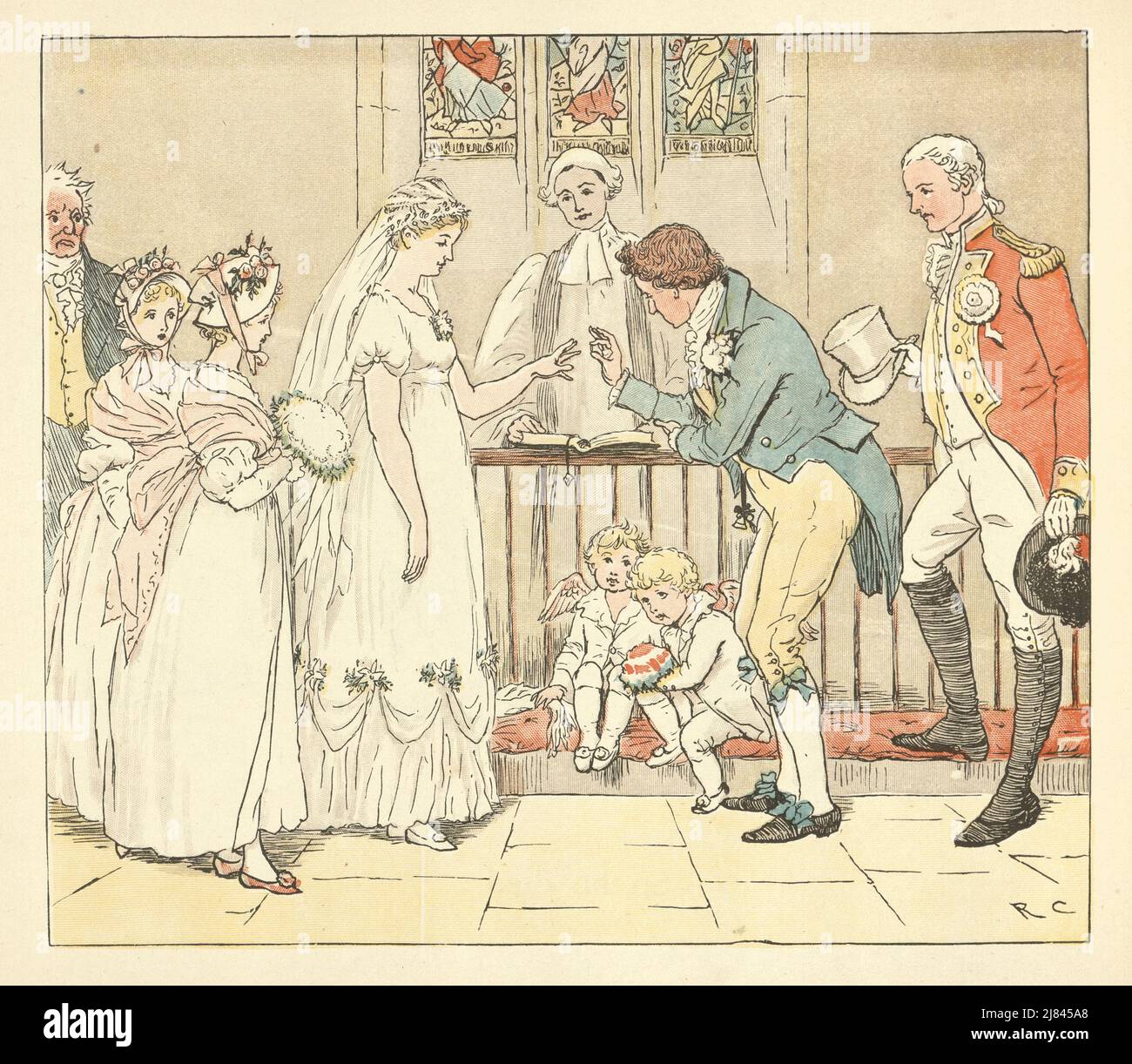 Vintage illustration of Scene from The Great Panjandrum Himself, Illustrated by Randolph Caldecott. Young couple getting married, church wedding, 18th Century style Stock Photo