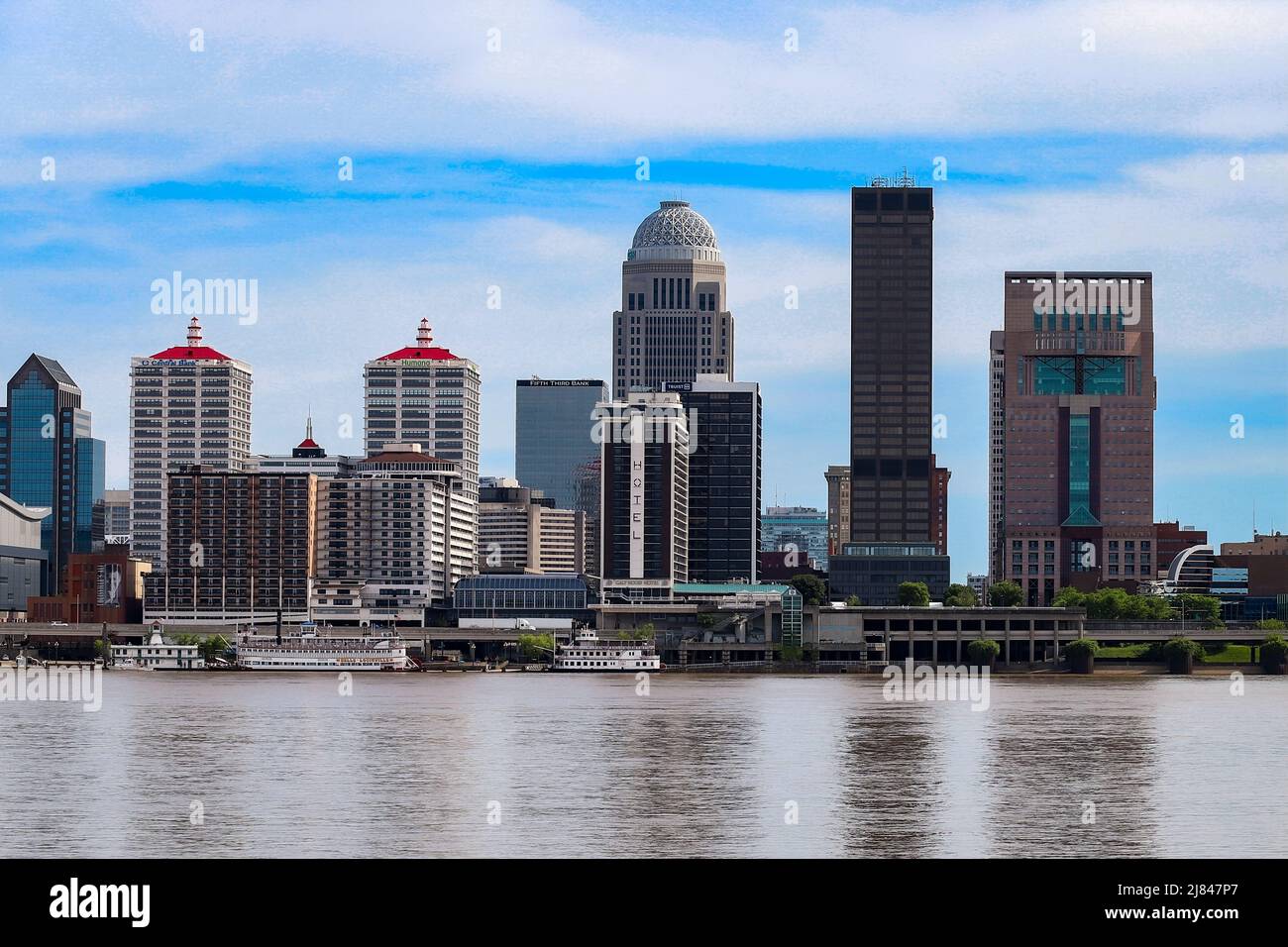 Louisville, Kentucky USA  May 8,  2022: A view of downtown Louisville, Kentucky from the Ohio River Stock Photo