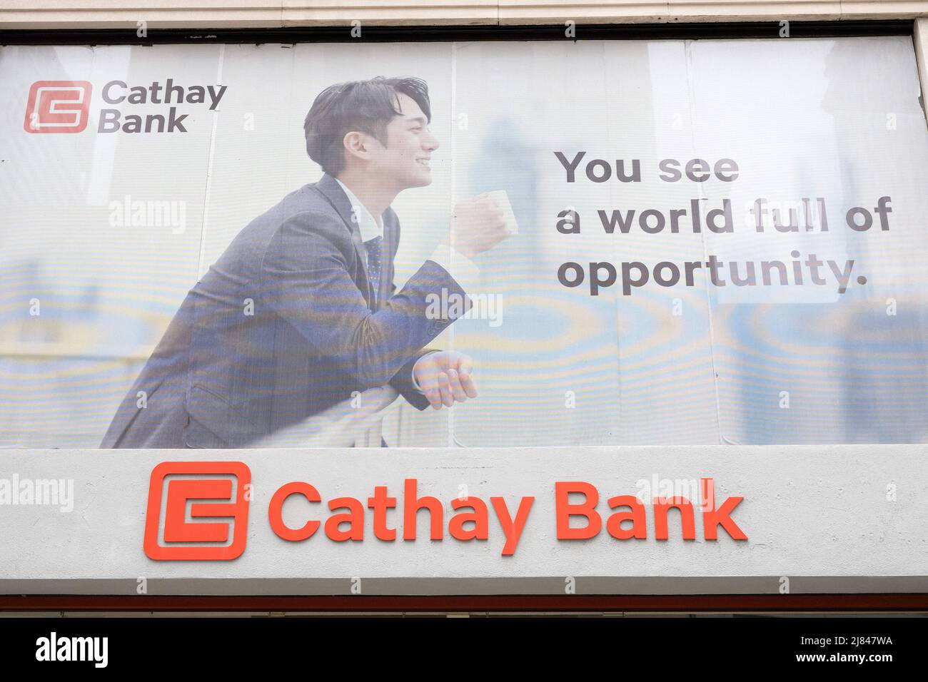 A shop sign of Cathay Bank, on May 07, 2022 in NewYork City, USA