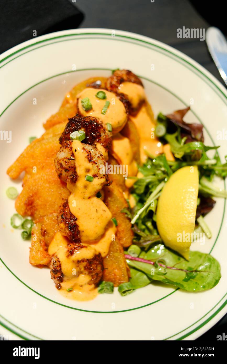 Fried green tomatoes with blackened gulf shrimp at Ginny Lane Bar