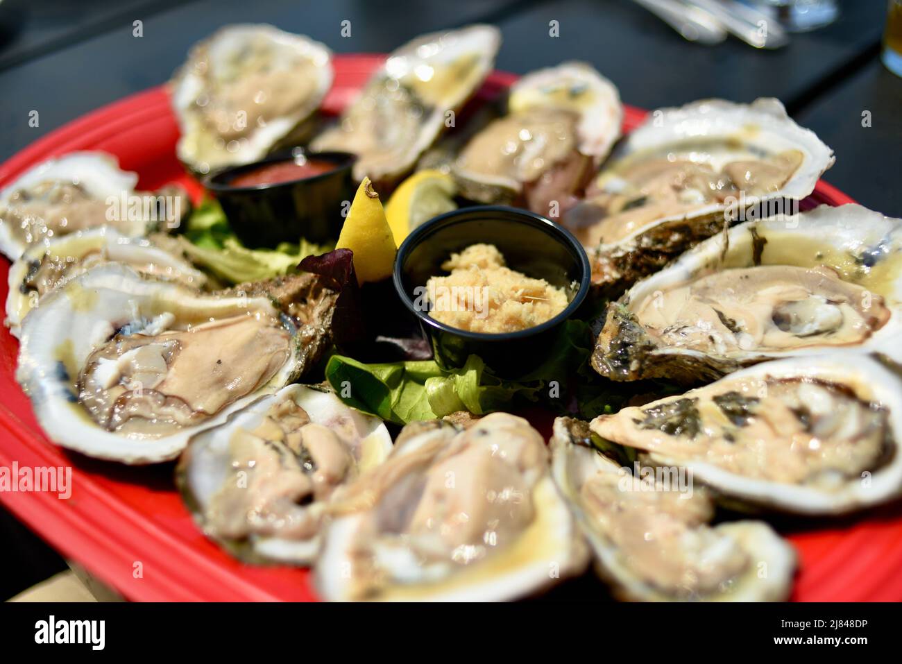 Fresh oysters on the half shell served at Ginny Lane Bar & Grill at the