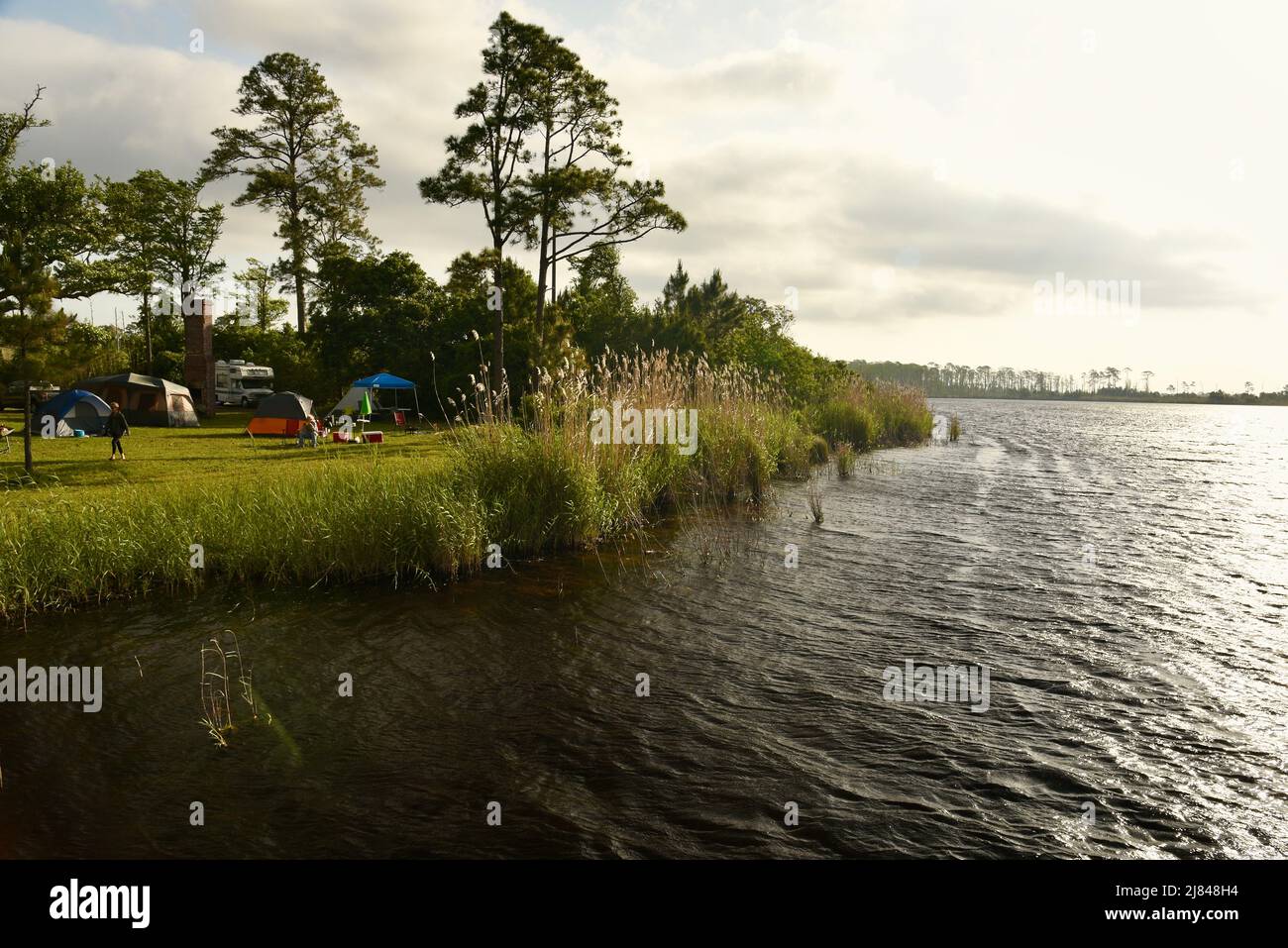 Cabin rental units and camping, water edge, along Lake Shelby in Gulf