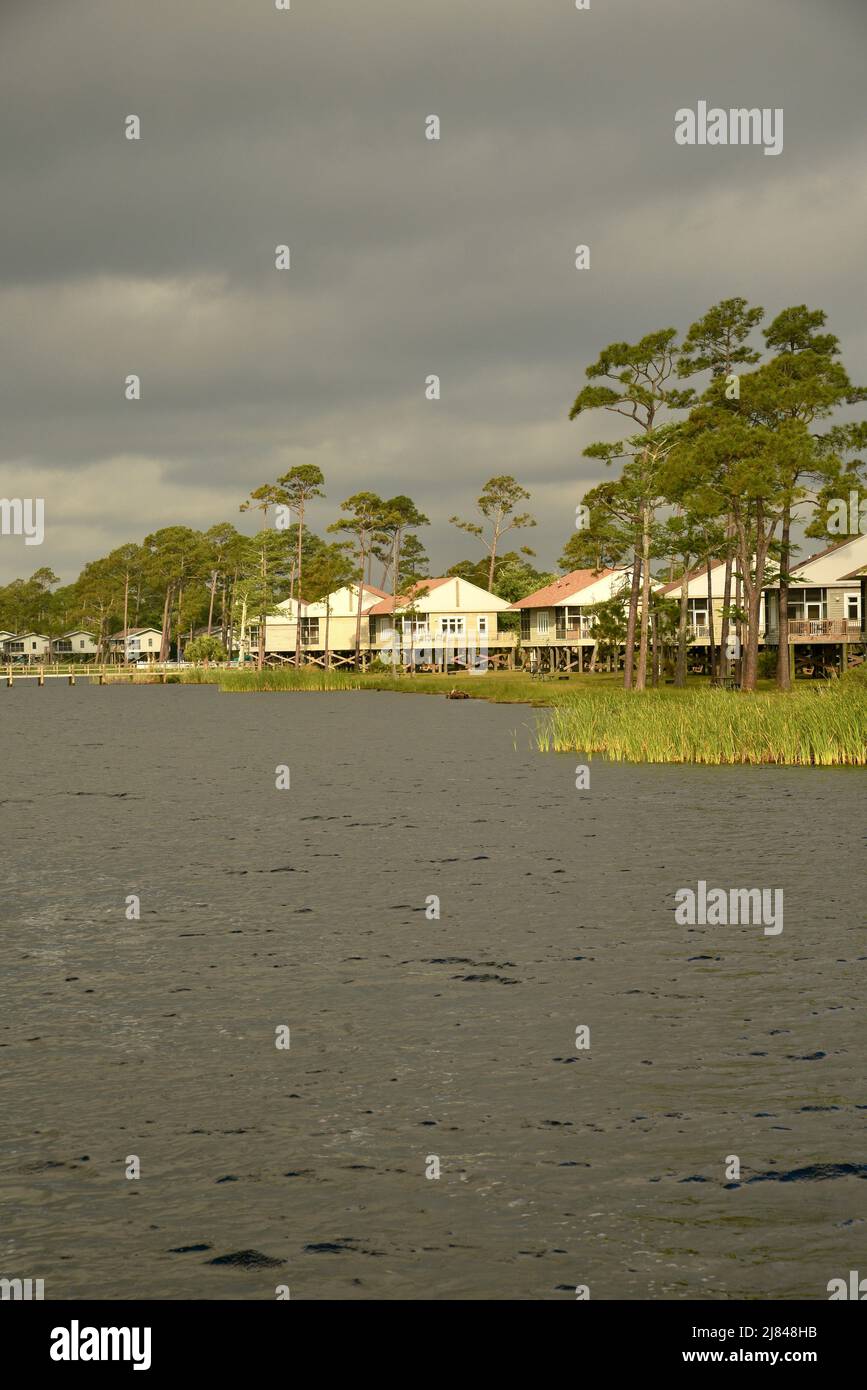 Cabin rental units and camping, water edge, along Lake Shelby in Gulf