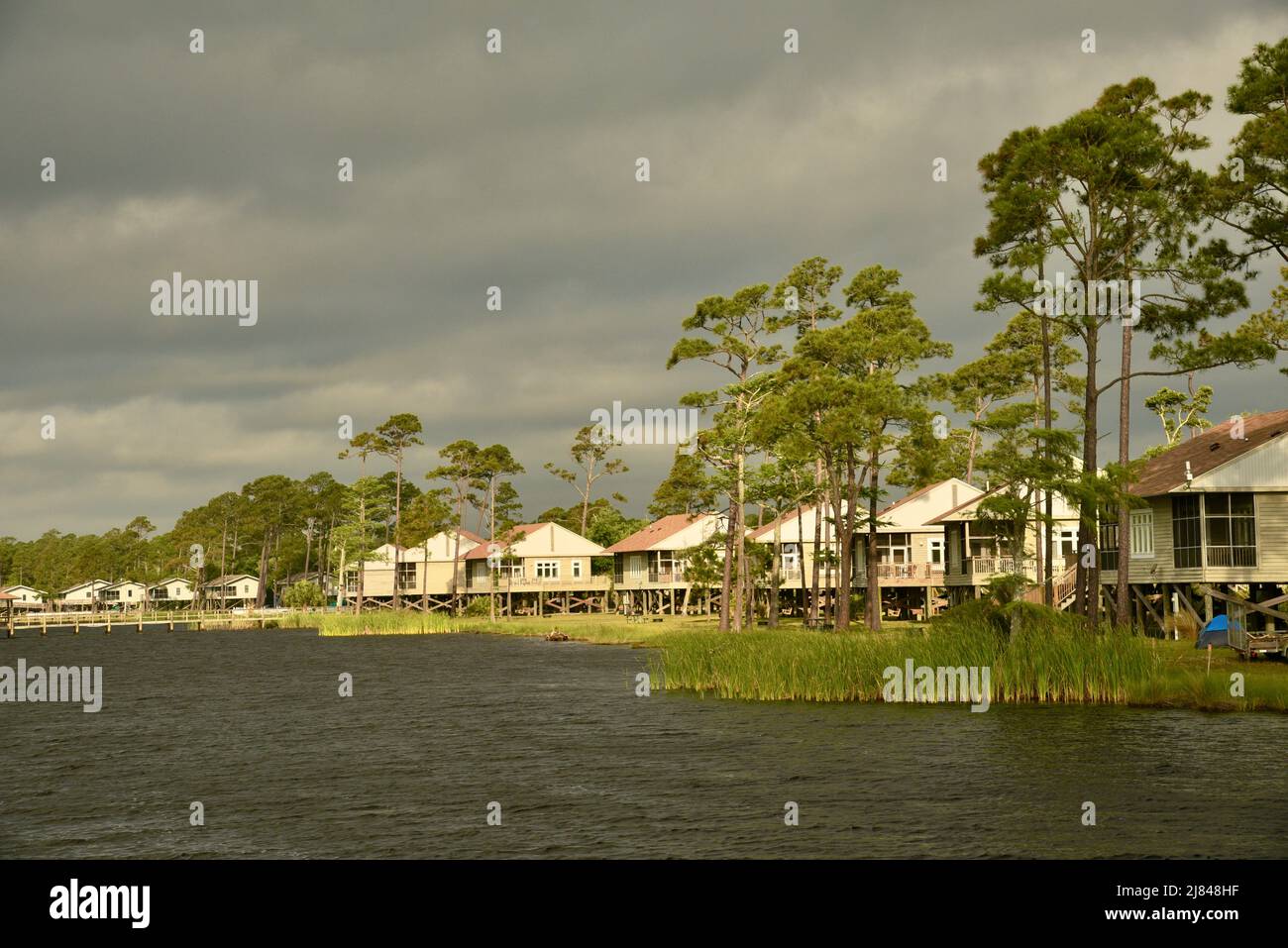 Cabin rental units and camping, water edge, along Lake Shelby in Gulf
