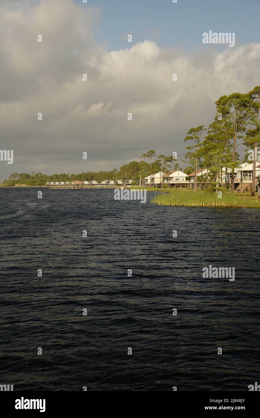 Cabin rental units and camping, water edge, along Lake Shelby in Gulf