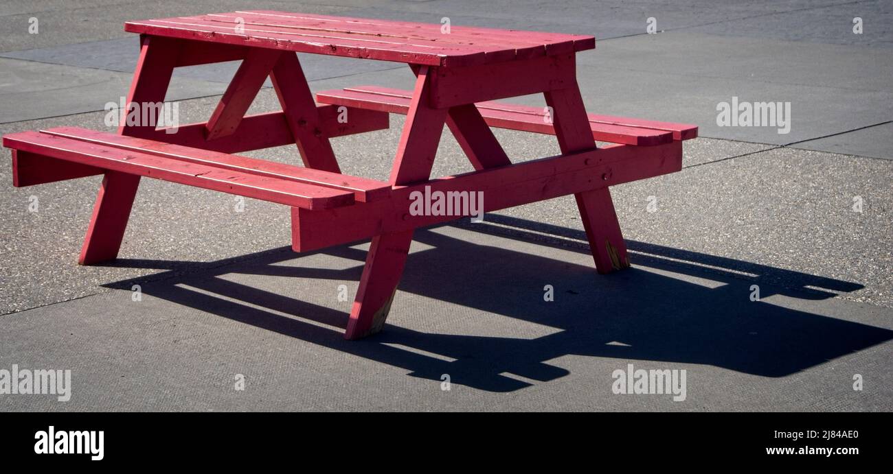Red picnic table Downtown Calgary Alberta Stock Photo Alamy