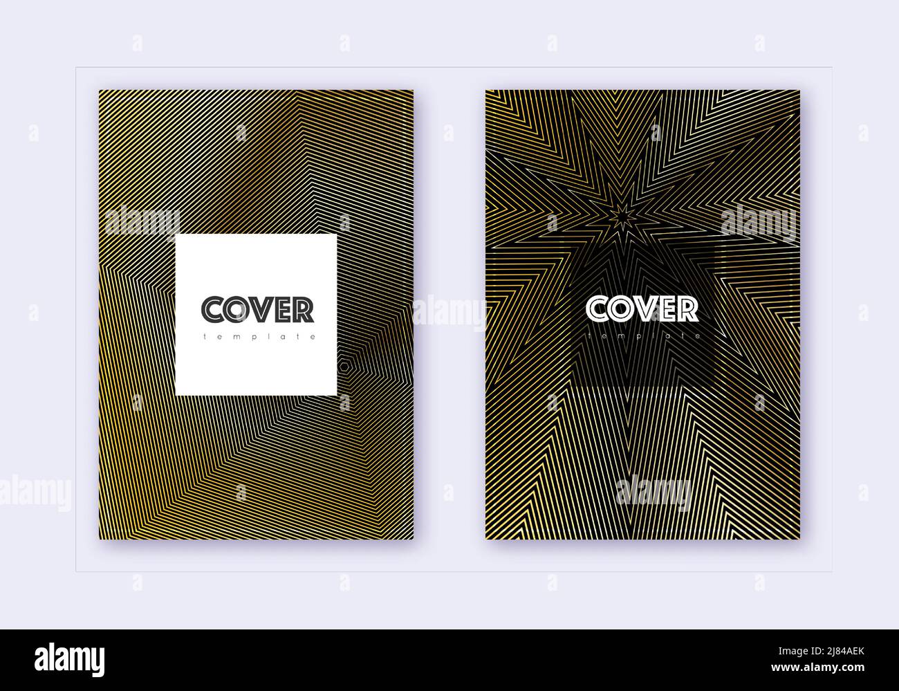 Hipster cover design template set. Gold abstract lines on black