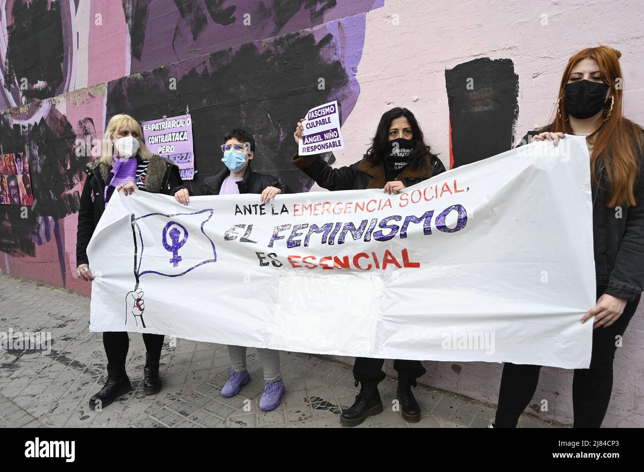 People gather to stage a protest after a feminist mural, depicting icons like Frida Kahlo, Rosa Parks and Nina Simone, vandalized by black spray paint ovenight in Madrid, Spain Featuring: Atmosphere Where: Madrid, Spain When: 08 Mar 2021 Credit: Oscar Gonzalez/WENN Stock Photo