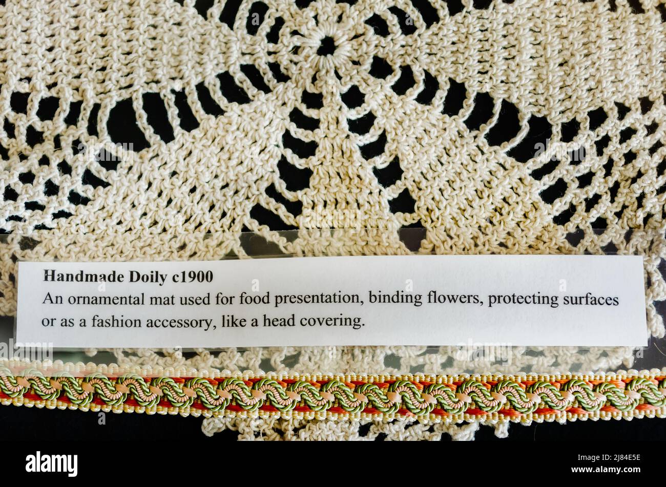 A handmade doily, circa 1900, is displayed at the Jefferson Davis Presidential Library, April 24, 2022, in Biloxi, Mississippi. Stock Photo
