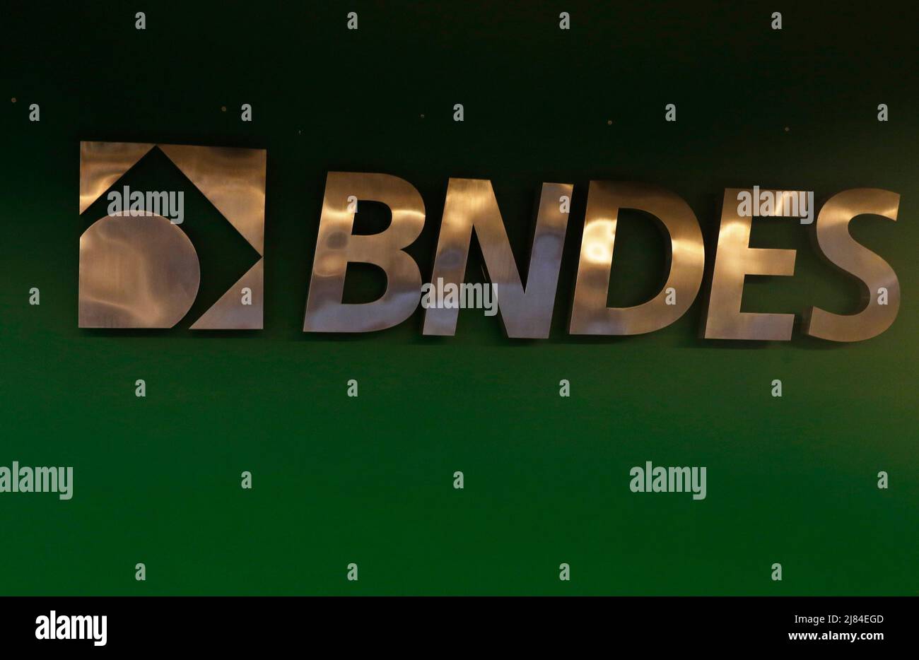 BNDES bank logo on building headquarters. Brazilian national state owned bank for social and economic development Stock Photo