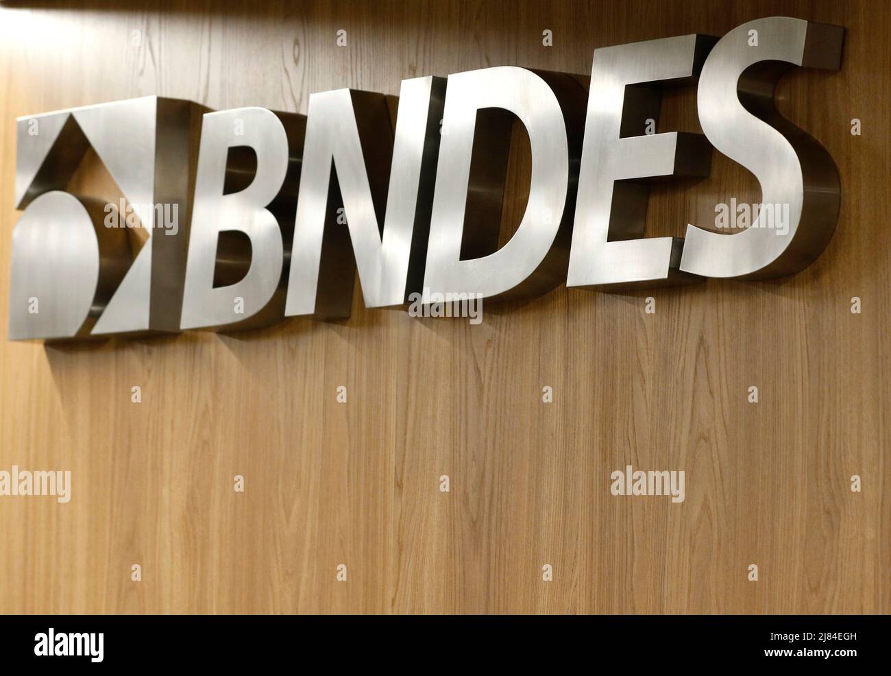 BNDES bank logo on building headquarters. Brazilian national state owned bank for social and economic development Stock Photo