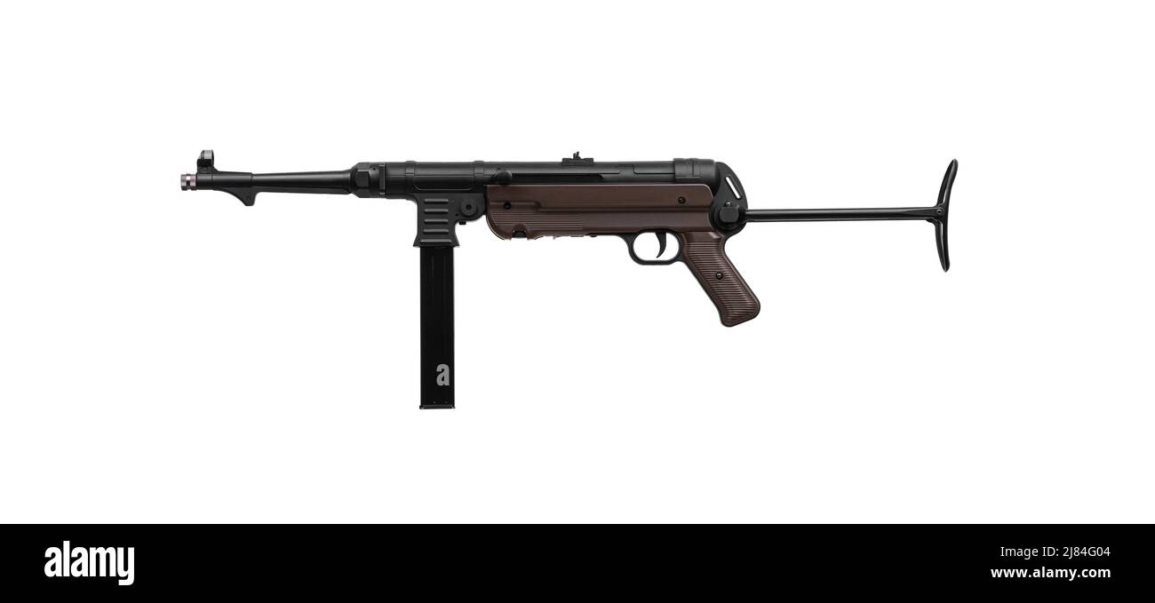 Vintage German submachine gun MP 40. Weapons of the Second World War. Isolate on a white background. Stock Photo