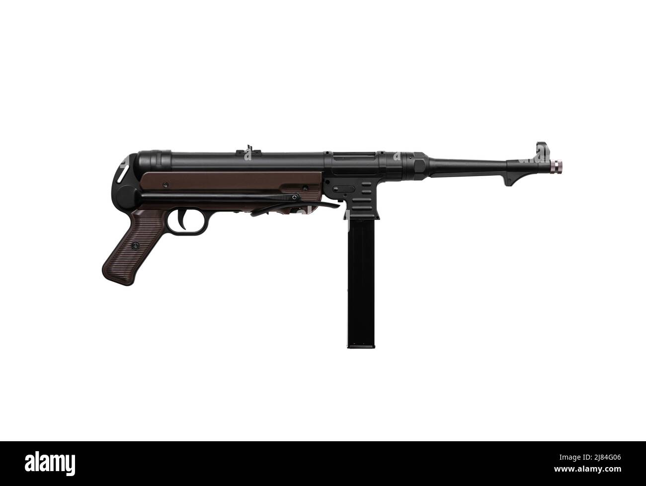 Vintage German submachine gun MP 40. Weapons of the Second World War. Isolate on a white background. Stock Photo
