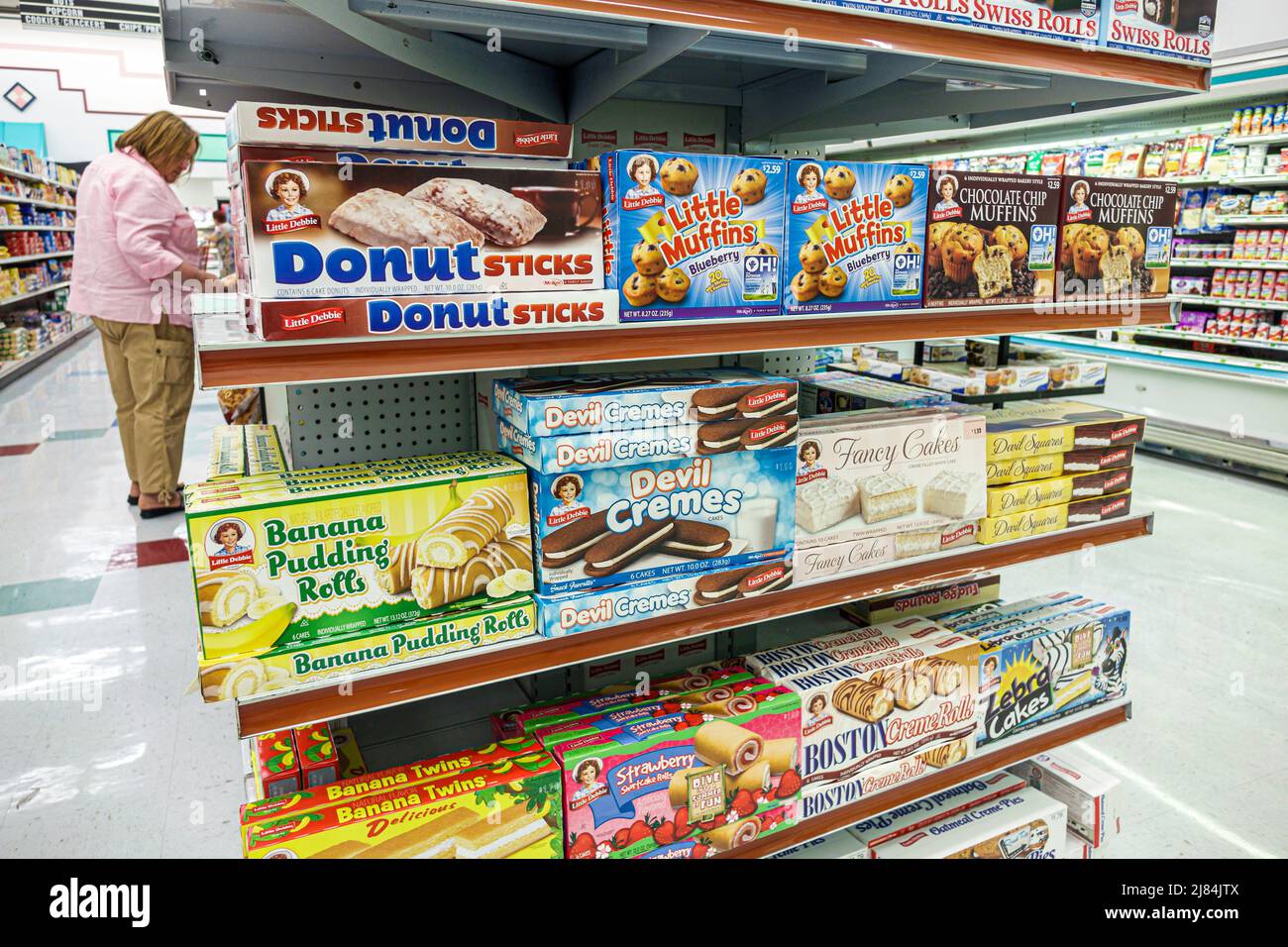 Indiantown Florida,Rines IGA Market,grocery store,supermarket inside interior display sale shelf shelves,donuts desserts Little Debbie junk food Stock Photo
