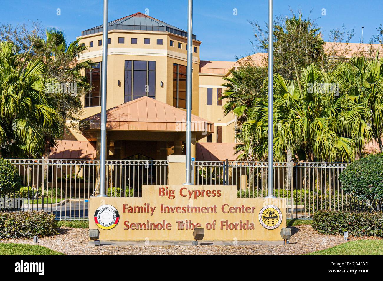 Florida Big Cypress,Seminole Reservation,Native American Indian indigenous peoples,tribe tribal government Family Investment Center centre sign shield Stock Photo