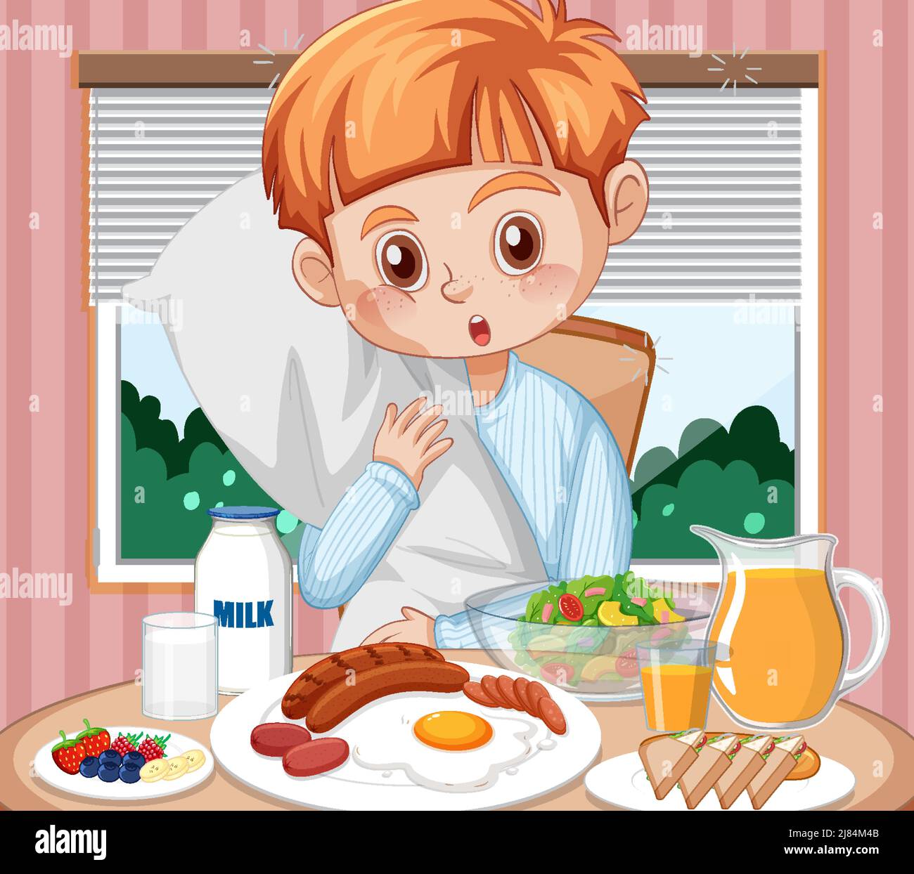 A boy eating breakfast at the table illustration Stock Vector Image ...