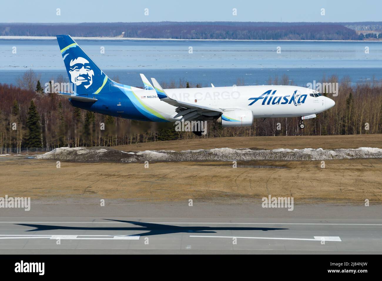 Alaska Air Cargo Boeing 737 freighter arriving in Anchorage, Alaska