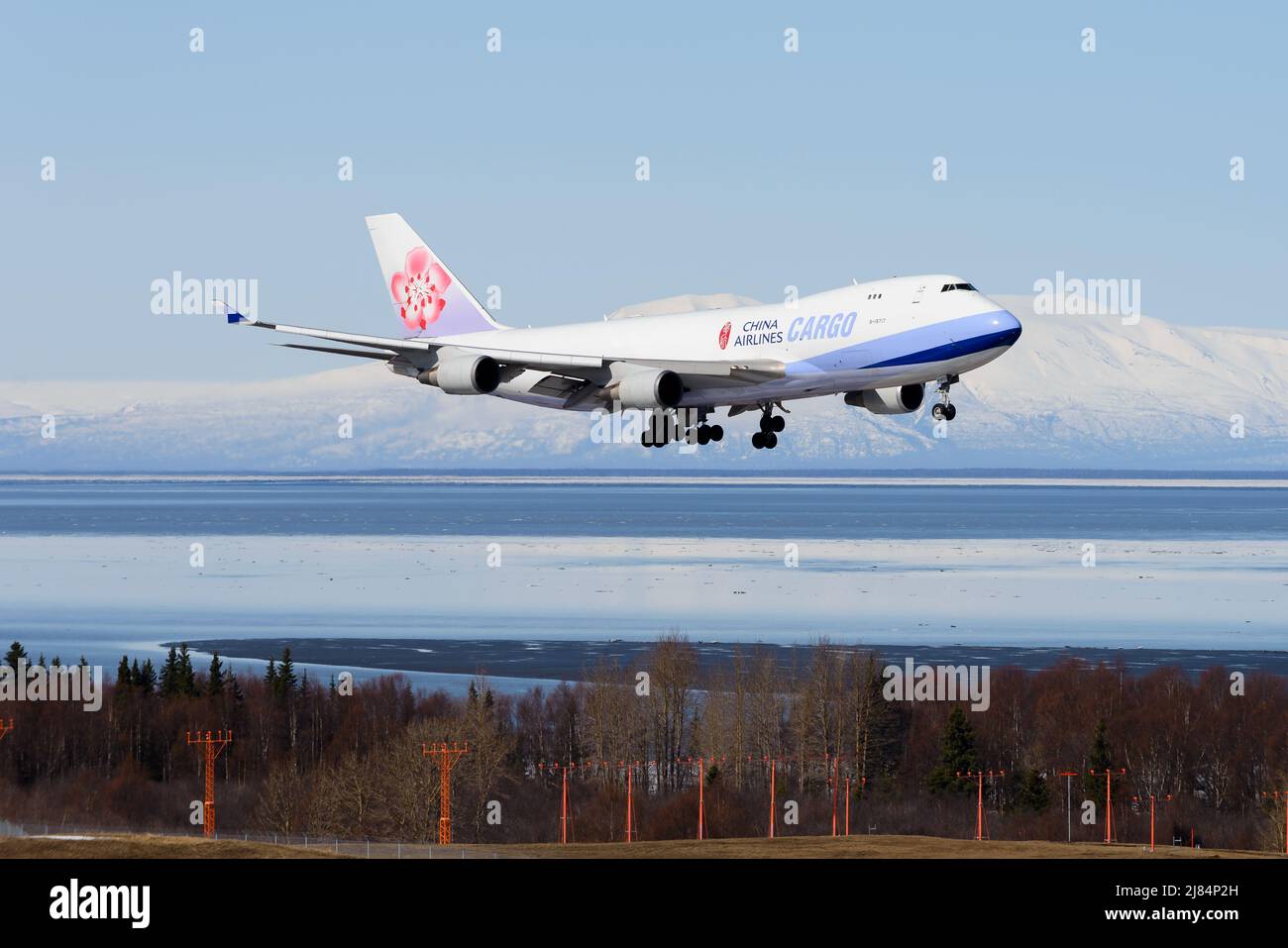 China Airlines Cargo Boeing 747 freighter aircraft landing. Large cargo airplane 747-400F. Plane 747F arrival in Anchorage Airport, Alaska, USA. Stock Photo