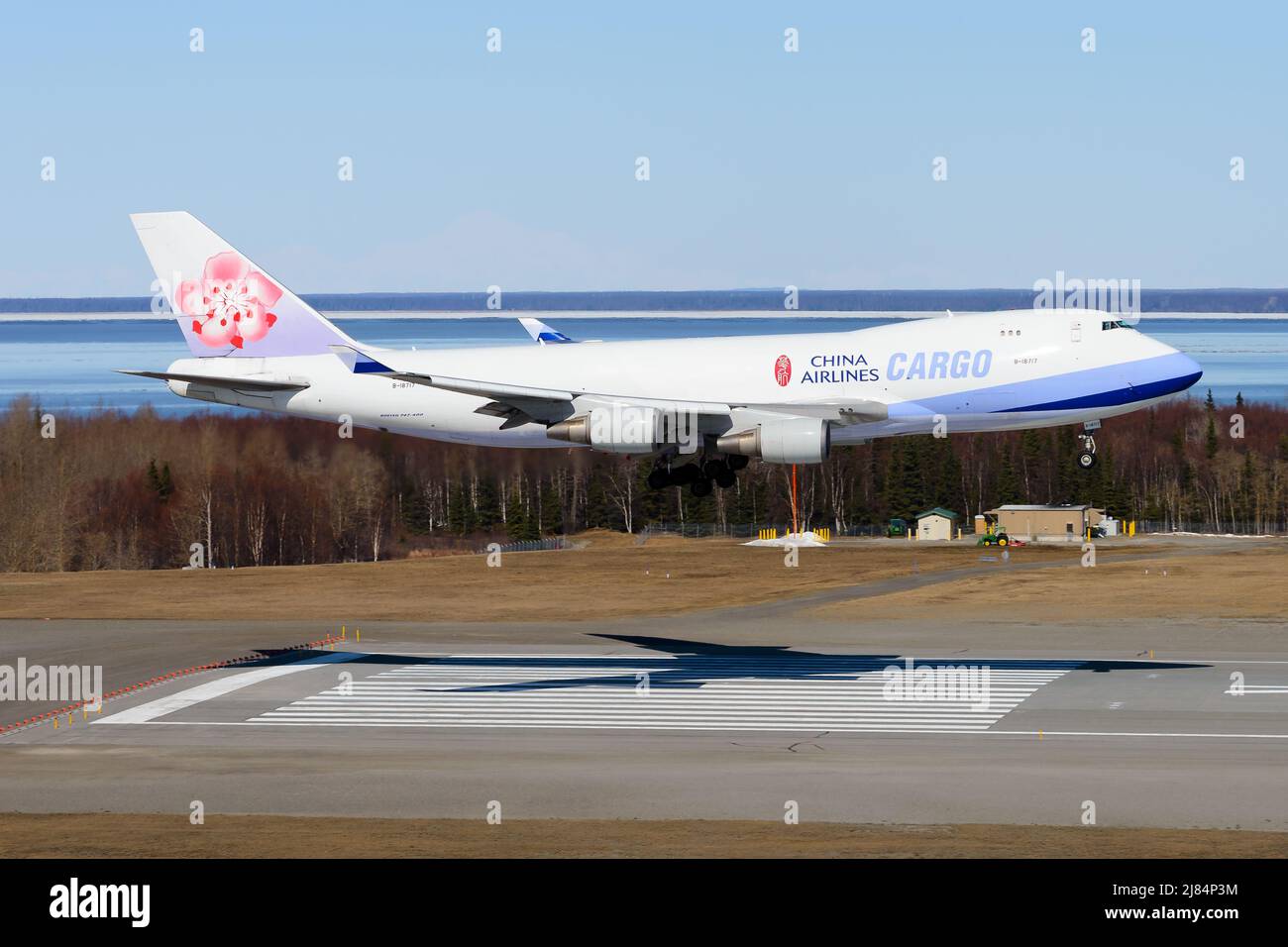 China Airlines Cargo Boeing 747 freighter aircraft landing. Large cargo airplane 747-400F on runway threshold. Plane 747F arrival. Stock Photo