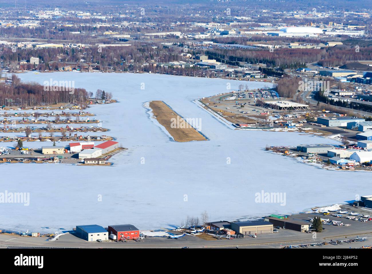 Lake Hood Seaplane Base aerial view in Anchorage. Busiest seaplane base