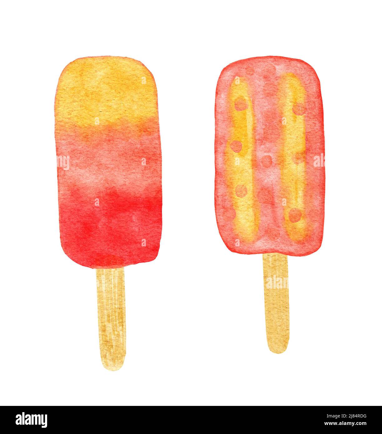 Watercolor hand drawn illustration of two red ornage yellow fruit ice cream posicles on stick. Summer frosty snack refreshment, sugar tasty delicious food, bright beach concept Stock Photo