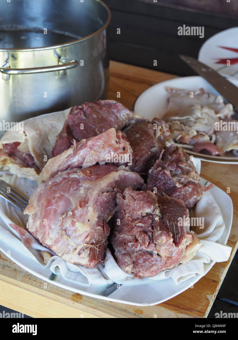 Cooking Cappello del Prete traditional boiled meat from Emilia Romagna and Piedmont, Italy Stock Photo