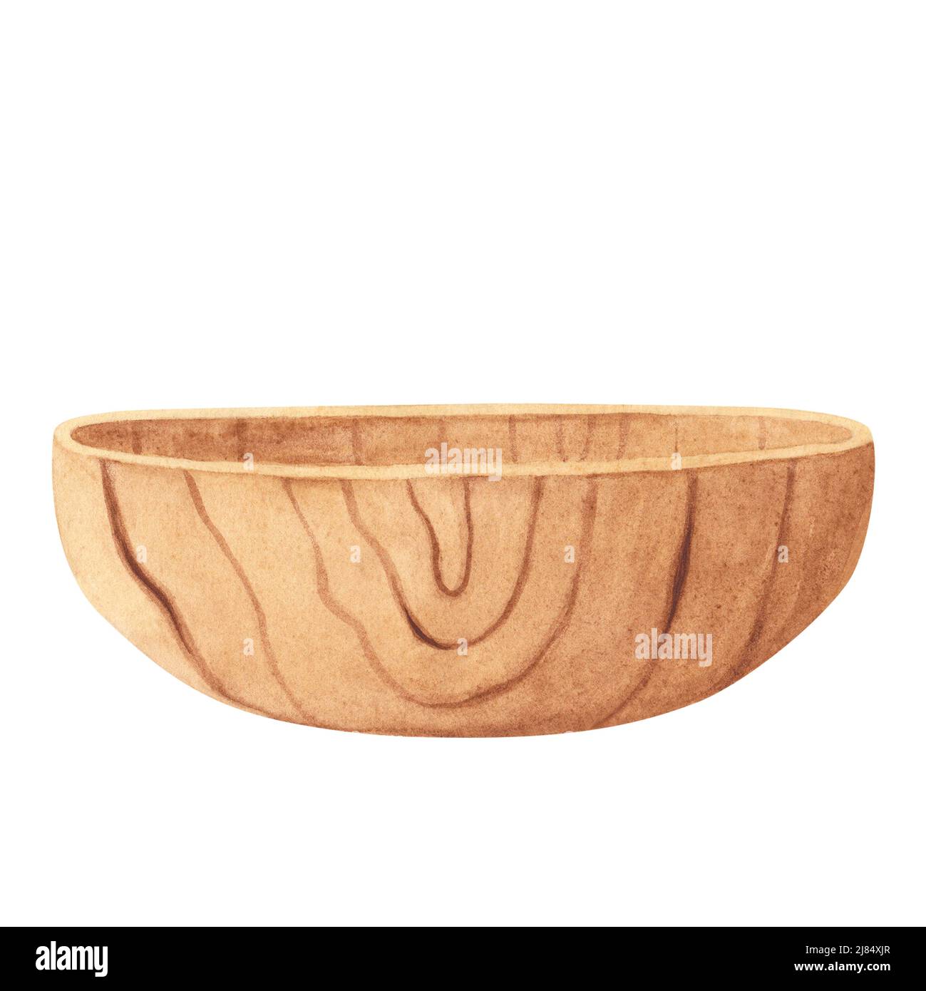 Wooden plate, bowl solated on white background. Watercolor hand drawn