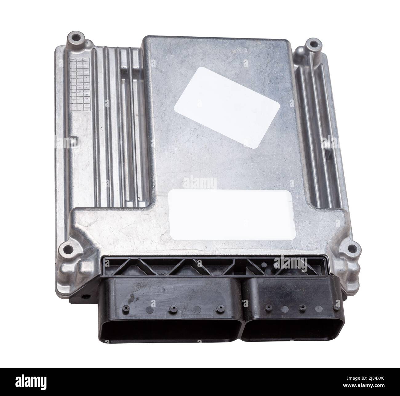 Metallic car engine control unit with plastic elements on a white