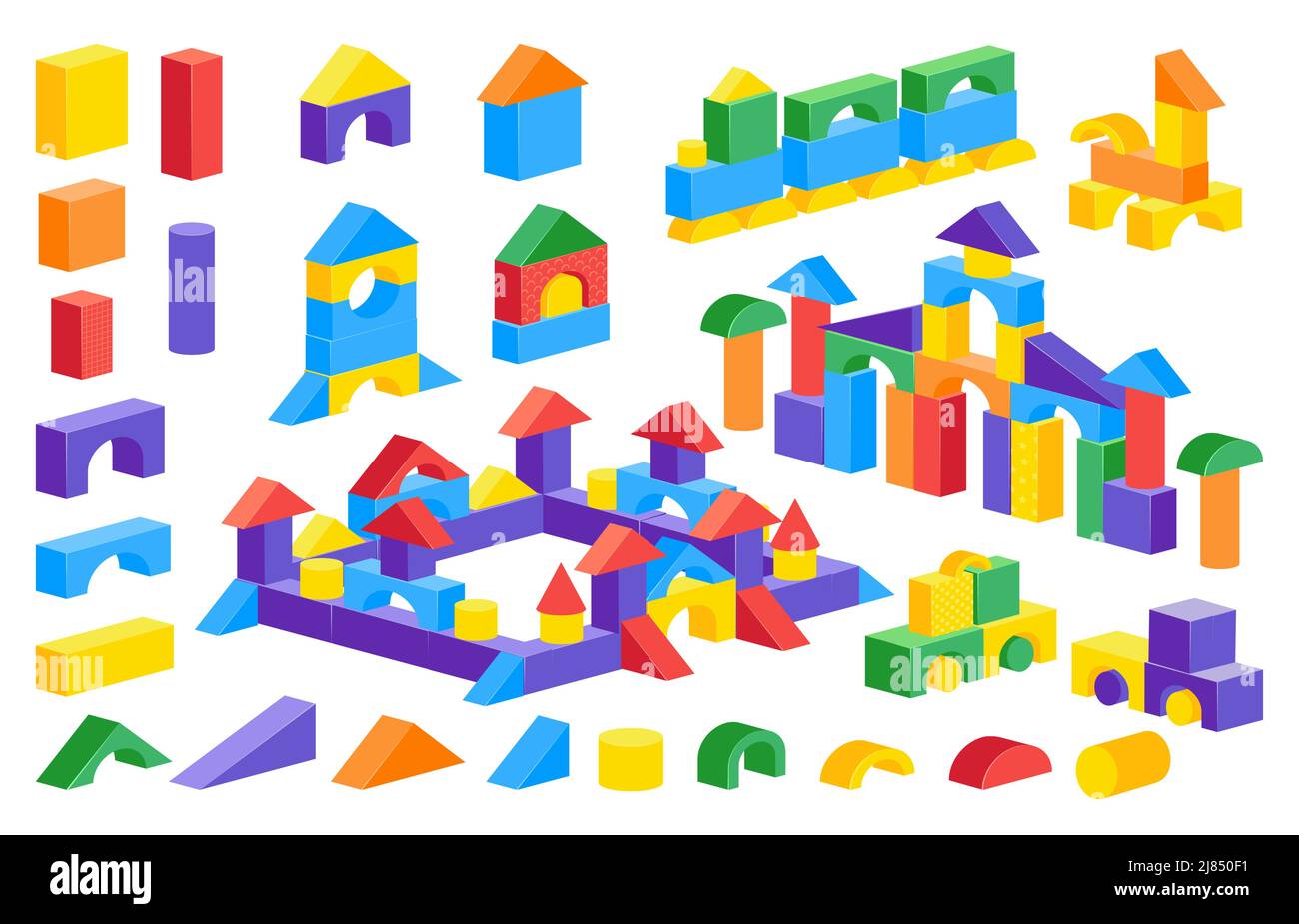 Cartoon block castle. Colorful children constructor toy, plastic brick puzzle game, building car castle. Vector cylinder cone cube parts isolated set Stock Vector