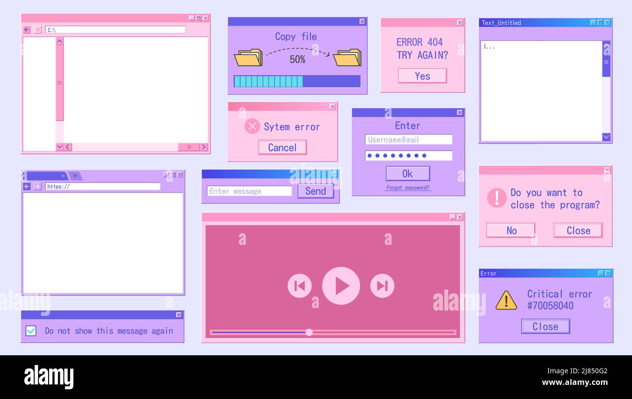 Retro computer window. Retrowave internet browser, frame folder, pop-up message 90s design. Vector old software UI set Stock Vector