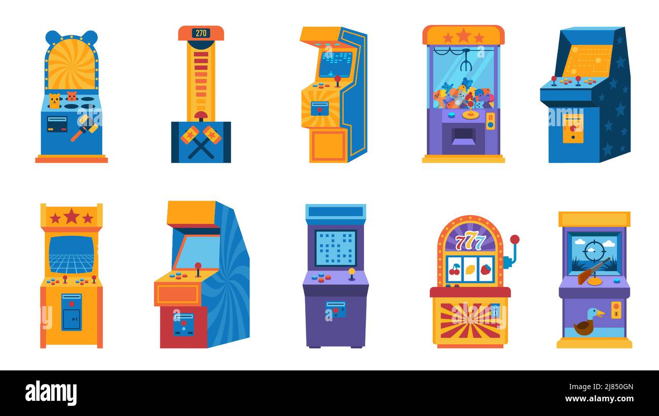 Arcade game computer. Retro gaming 80s machine, amusement and entertainment vintage devise. Vector 1990s game machines collection Stock Vector