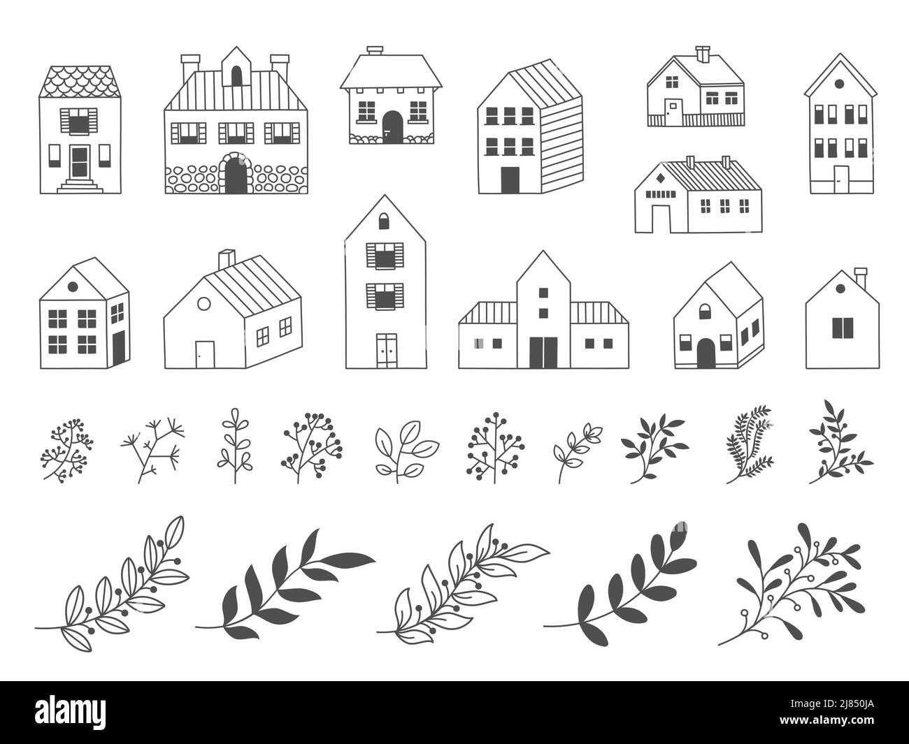 Doodle garden house. Hand drawn rural wooden building with floristic decorative elements, flowers leaves grass. Vector country cabin isolated set Stock Vector