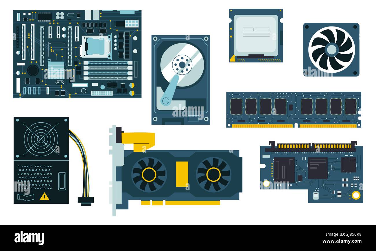 PC components. CPU GPU motherboard cooler, SSD and hand drawn memory  modules, system unit and power supply. Vector personal computer parts  isolated Stock Vector Image & Art - Alamy