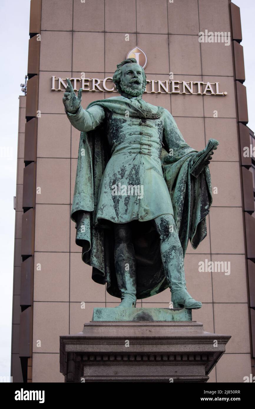 Statue of Eötvös József báró szobra in front of the Intercontinental Hotel in Budapest, Hungary. Stock Photo