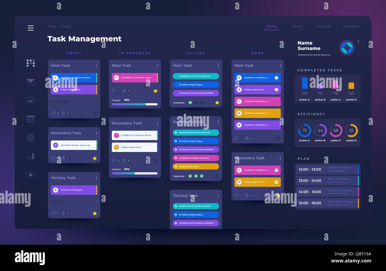 Planner app UI. Task manager and project organizer with dashboard and infographic elements. Vector dark web application interface design Stock Vector